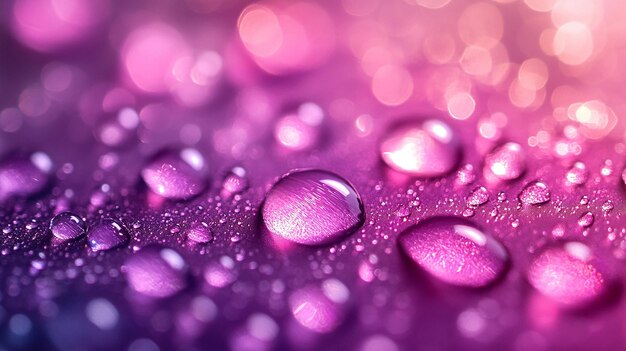 Closeup of colorful water droplets on a vibrant gradient background with bokeh effects