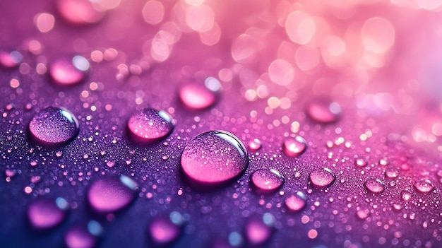 Closeup of colorful water droplets on a vibrant gradient background with bokeh effects