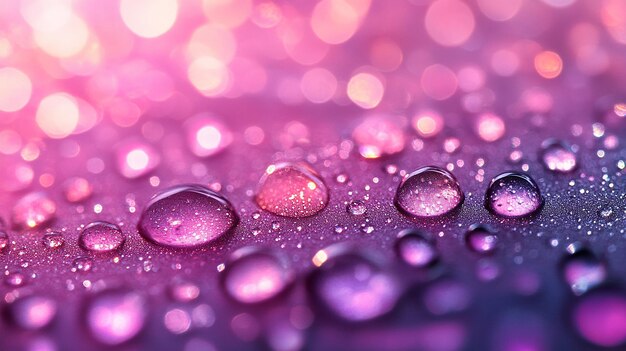 Closeup of colorful water droplets on a vibrant gradient background with bokeh effects