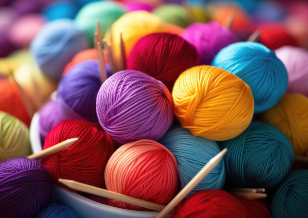 Closeup of colorful yarn balls and knitting needles