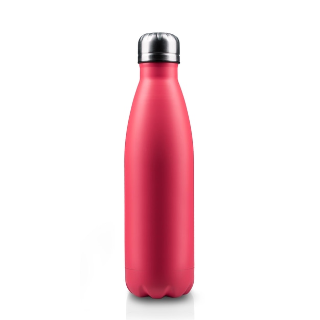 Closeup of colourful steel thermo water bottle of color of the year 2023 Viva Magenta isolated on white background