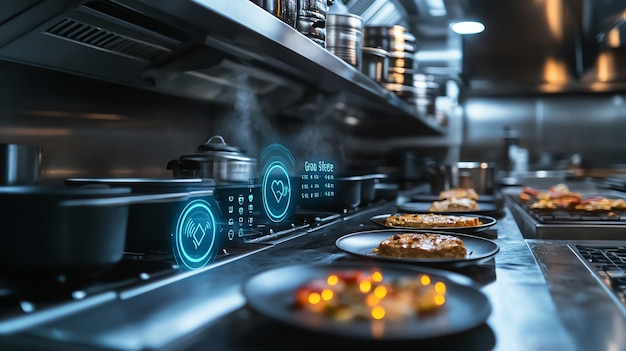 Closeup of a commercial kitchen food prep station with fresh ingredients ready for cooking