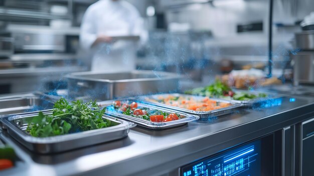 Closeup of a commercial kitchen food prep station with fresh ingredients ready for cooking