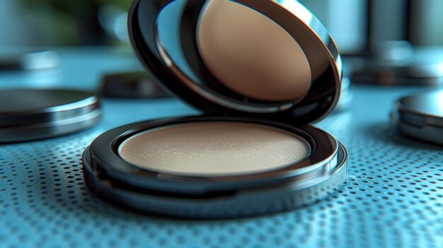 Photo a closeup of a compact powder open and ready for use on a blue textured surface