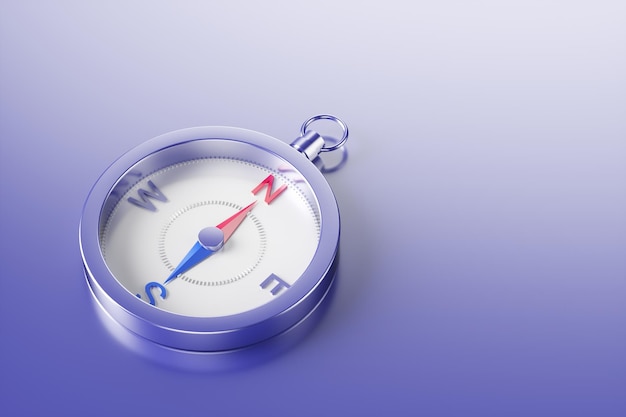 Closeup of a compass on a purple background 3d render illustration