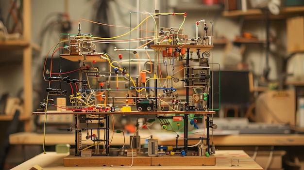 Closeup of a complex intricate machine built from various parts and materials