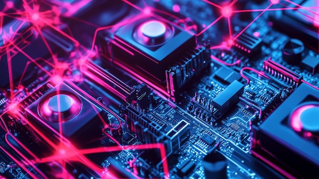 Closeup of computer hardware components like hard drives GPUs and cooling systems displayed on an abstract technologythemed backdrop with interconnected lines and glowing nodes