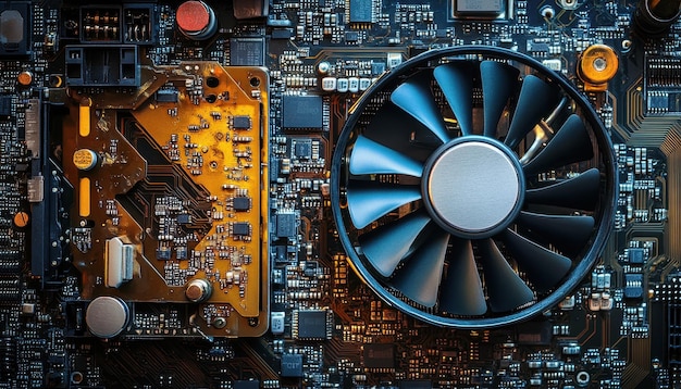 Photo closeup of a computer motherboard with a cooling fan and intricate circuitry