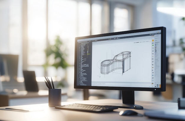 Photo closeup of a computer screen displaying a cad design of a mold with the design clearly visible