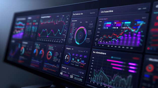 Closeup of a computer screen displaying multiple financial charts and data analytics for business performance and trends analysis