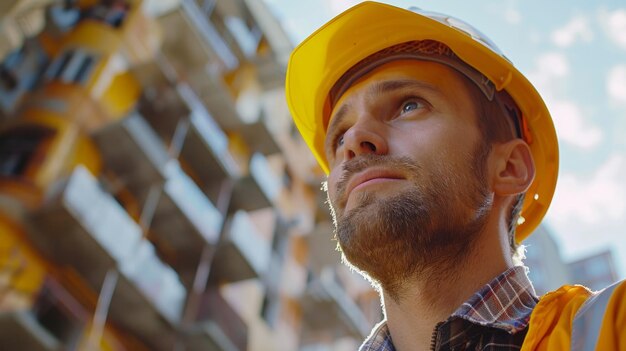 Photo closeup of a construction worker in a hard hat looking up thoughtfully against the backdrop of a