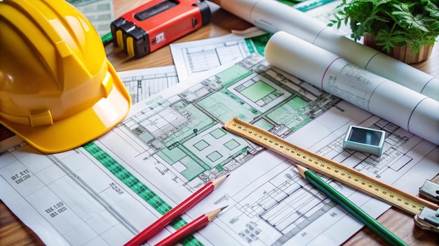 Photo closeup of a construction worker39s desk with blueprints pencils a ruler and a hard hat