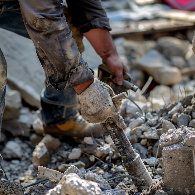 Photo closeup of a construction workers hands using a jackhammer to break concrete at a construction site with scattered debris