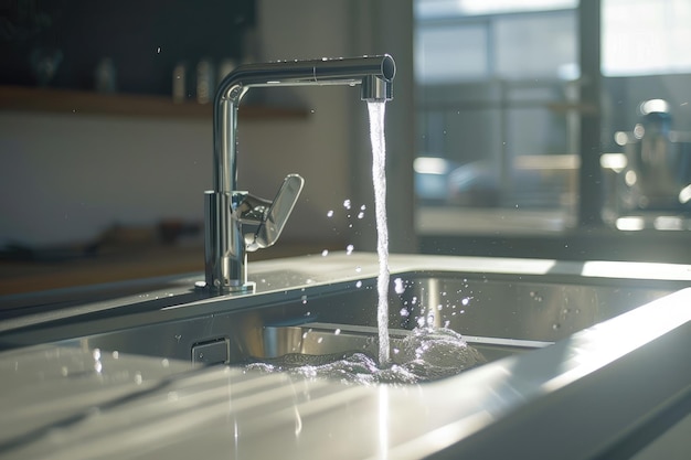 Closeup of a contemporary kitchen sink with clean water flowing from a shiny chrome tap with natural light