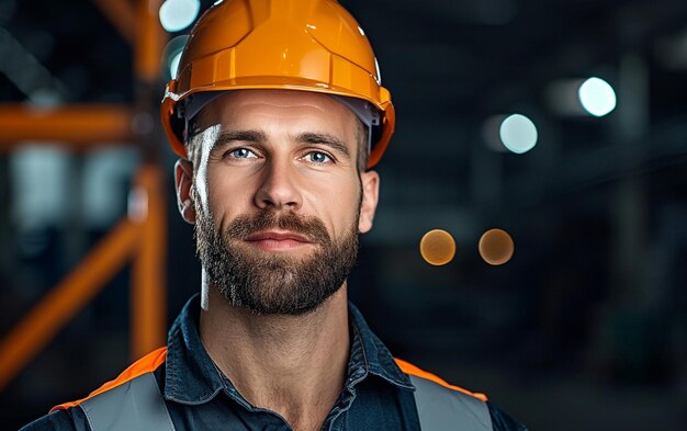 Photo closeup of a content construction worker in reflective gear with safety helmet