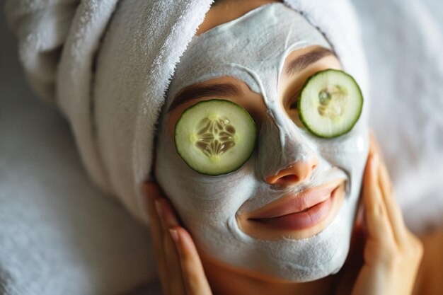 Closeup of a content woman with a homemade facial mask and cucumber slices on her eyes