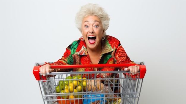 Closeup of a contented happy grayhaired retired senior woman in a grocery shopping cart on a white background with a copy space The concept of Discounts Sale Shopping mall shops emotions