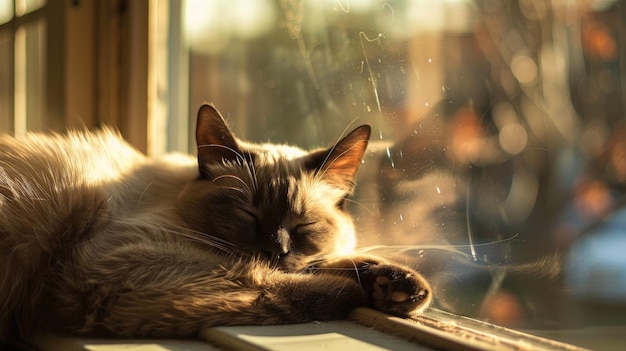 A closeup of a contented Siamese cat lounging on a cozy windowsill bathed in the warm glow of the afternoon sun