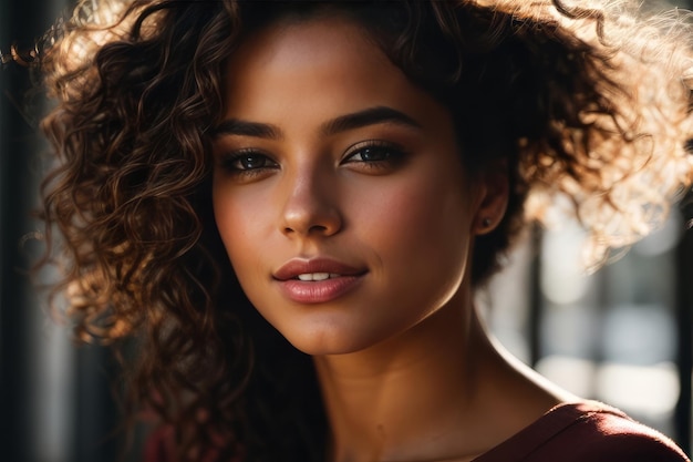 Closeup contrast portrait of a beautiful happy smiling brunette woman in the sunlight