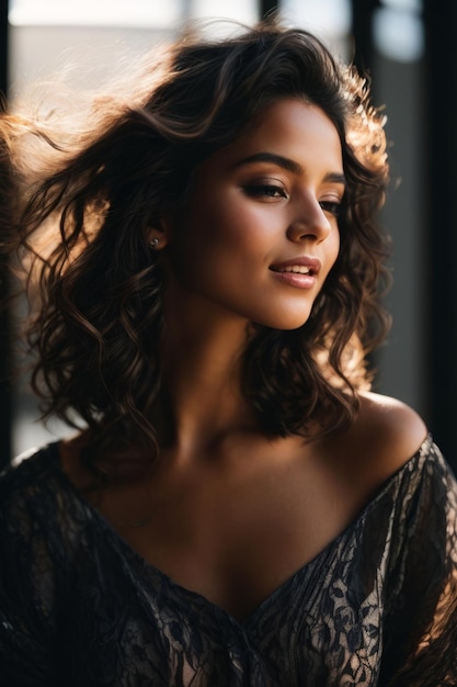 Closeup contrast portrait of a beautiful smiling brunette woman outdoor