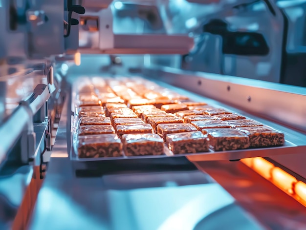 Closeup of a conveyor belt carrying freshly made chocolate bars through a factory