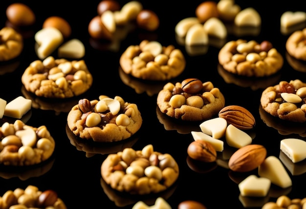 A closeup of cookies with nuts on a black background