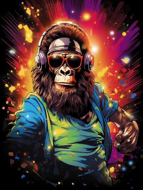 a closeup cool ape grooving to the disco beat with colorful disco lights and a disco ball