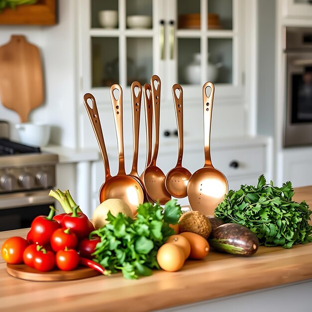 Photo closeup of copper tongs serving grilled vegetables in modern kitchen