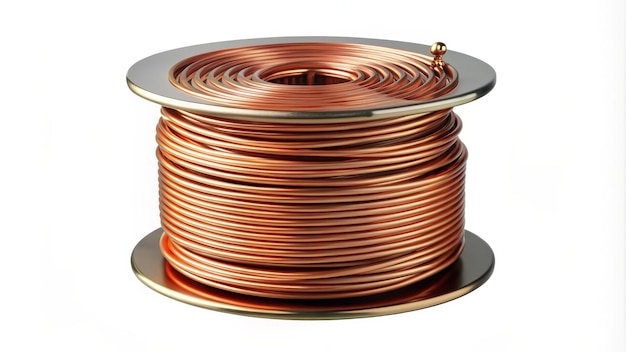 A closeup of a copper wire coil neatly wound on a spool highlighting the metallic sheen coil