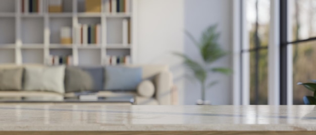 Closeup Copy space on marble tabletop over blurred modern comfortable living room