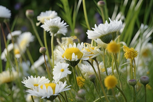 Closeup of corflowers with chamomiles in the background