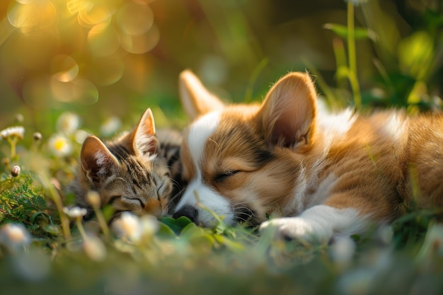 Closeup of a corgi puppies and a persian kitten sleeping on the grass grass flowerschilling relax