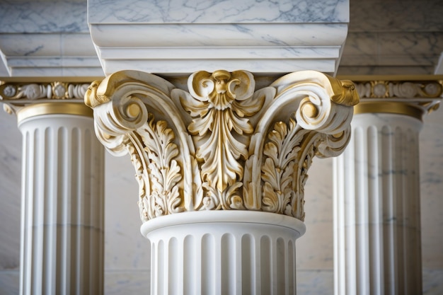 Closeup of corinthian capital on a marble column inside a corporate office