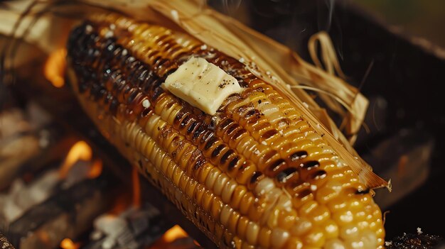 Photo a closeup of a corn on the cob being roasted over a fire with a pat of butter melting on top