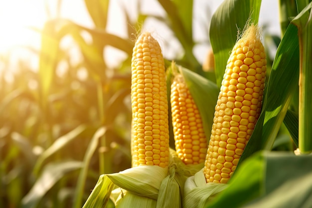 Closeup corn cobs in corn plantation field Generative AI