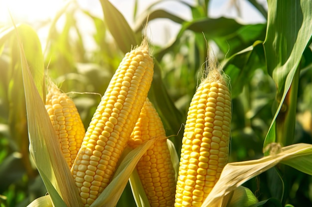 Closeup corn cobs in corn plantation field Generative AI