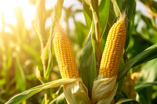 Closeup corn cobs in corn plantation field Generative AI