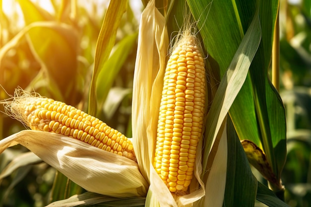 Closeup corn cobs in corn plantation field