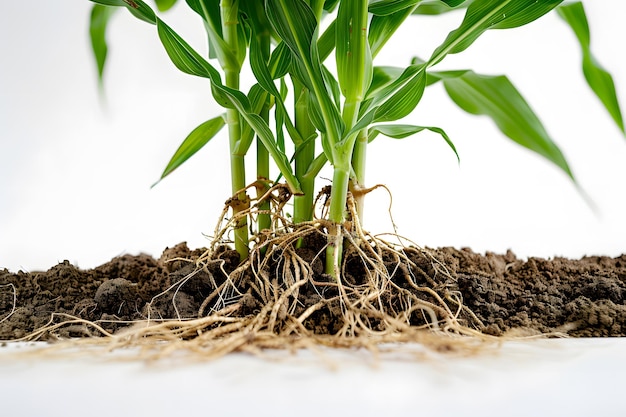 Photo closeup of corn plant roots and stalks in rich soil