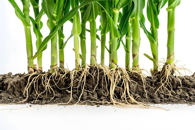 Photo closeup of corn plants with exposed roots and soil