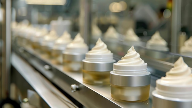 Photo closeup of a cosmetic production line with cream jars neatly arranged on a conveyor belt in a modern factory setting