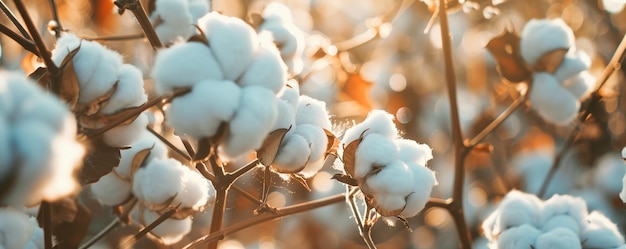 Closeup of cotton plants in a field with golden sunlight shining through