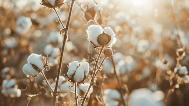 Closeup of cotton plants in a sunlit field with ripe bolls ready for harvest Textile industry