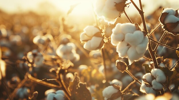 Photo closeup of cotton plants with fluffy cotton bolls illuminated by golden sunset light in a field