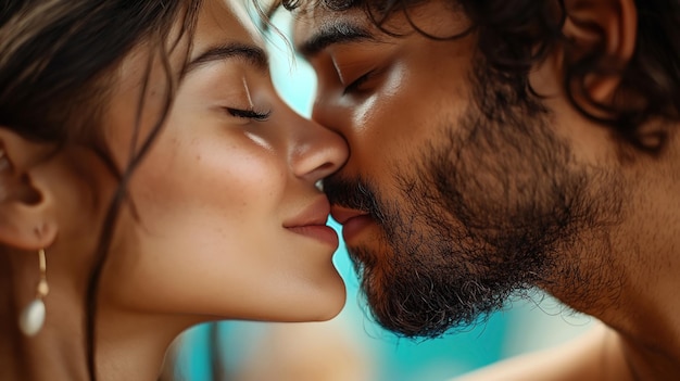 Photo closeup of a couple about to kiss with their eyes closed and faces gently touching