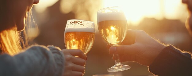 Photo closeup of a couple enjoying beer together in an outdoor setting highlighting the warm sunset glow and the refreshing beverage in their hands