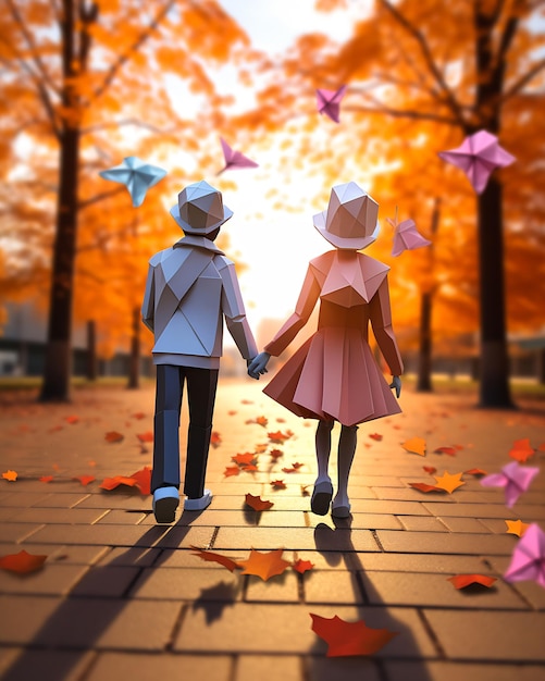 closeup couple paper people walking down street society origami flowers sunset falling leaves love