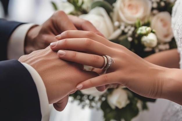 Closeup of a couple's hands exchanging wedding vows with a bouquet of flowers in the background