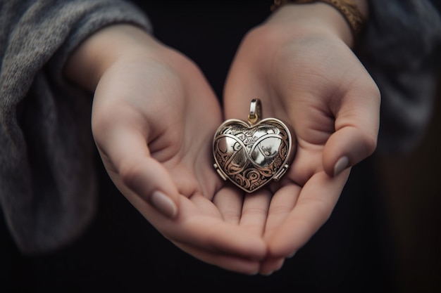 Closeup of a couple's hands holding a heart shaped locket symbolizing cherished memories