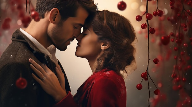 A closeup of a couple sharing a kiss under a mistletoe with a Valentine card in the foreground